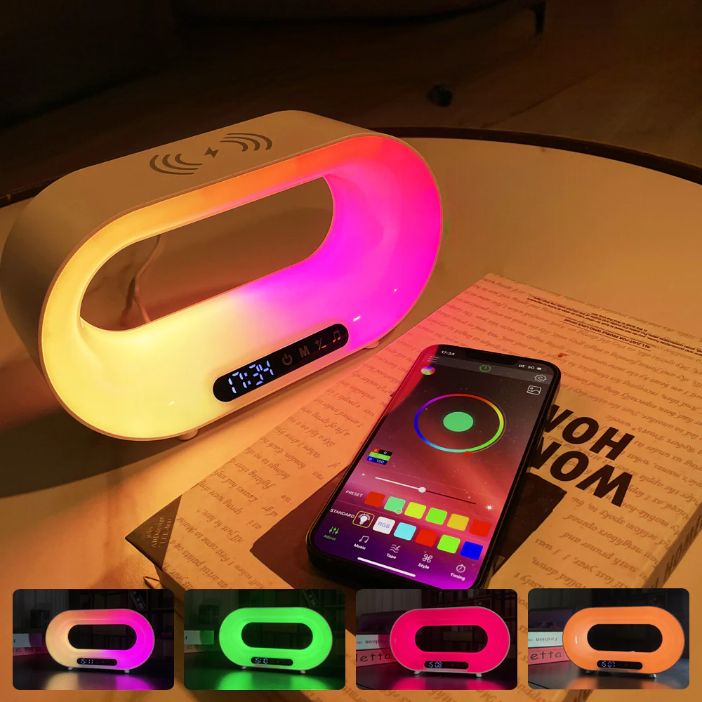 3-in-1 Smart LED Night Light with RGB Desk Lamp, Wireless Charger & Alarm Clock